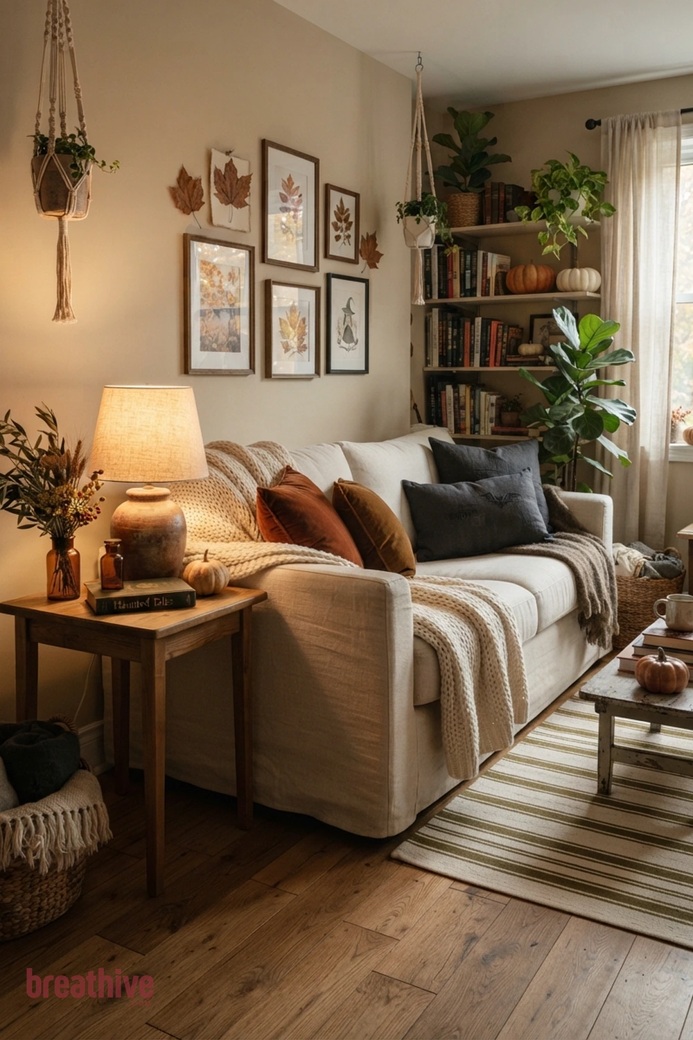 sofa-focused Halloween living room idea with reading nook, side table, or shelf showing how the concept works in limited space