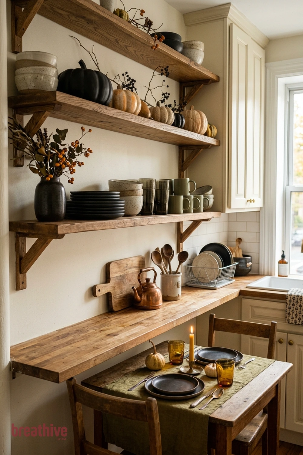 dishware display Halloween kitchen and dining room idea with compact apartment kitchen, breakfast nook, or narrow counter using a restrained seasonal grouping