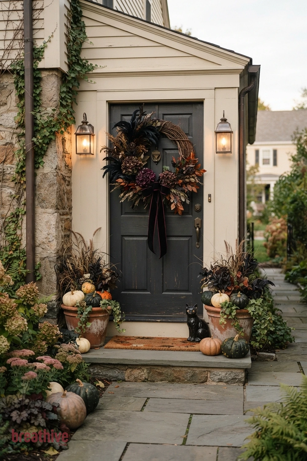 wreath-focused Halloween front door exterior idea with small front yard or narrow side path using fewer pieces with stronger placement
