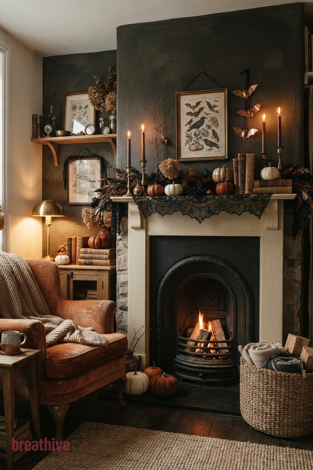 mantel-focused Halloween living room fireplace idea with reading nook, side table, or shelf showing how the concept works in limited space