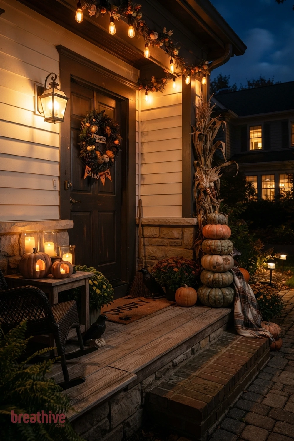 lighting-focused Halloween front porch idea with compact entry using vertical or grouped decor instead of spreading across the floor