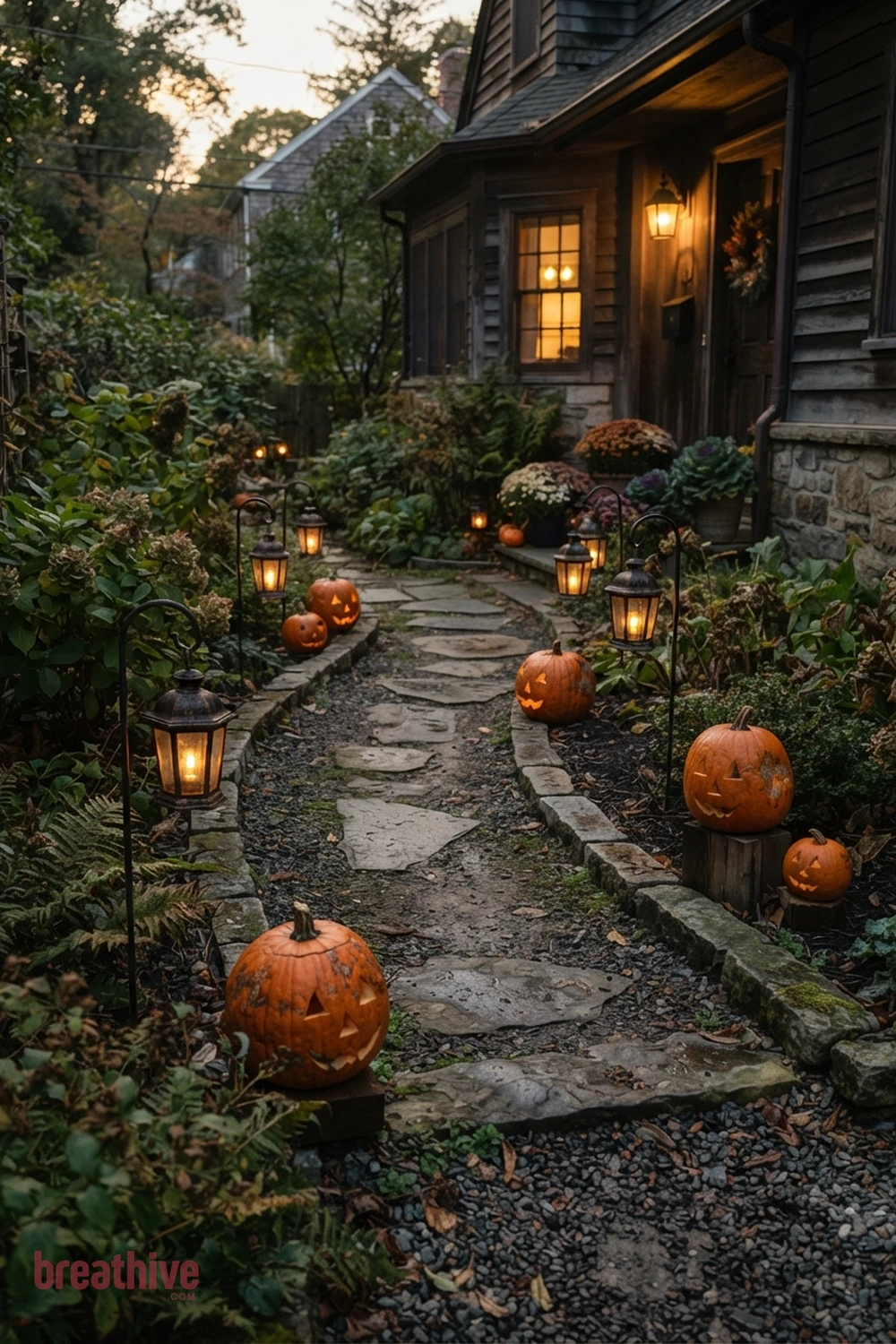 wayfinding Halloween garden pathway idea with small front yard or narrow side path using fewer pieces with stronger placement