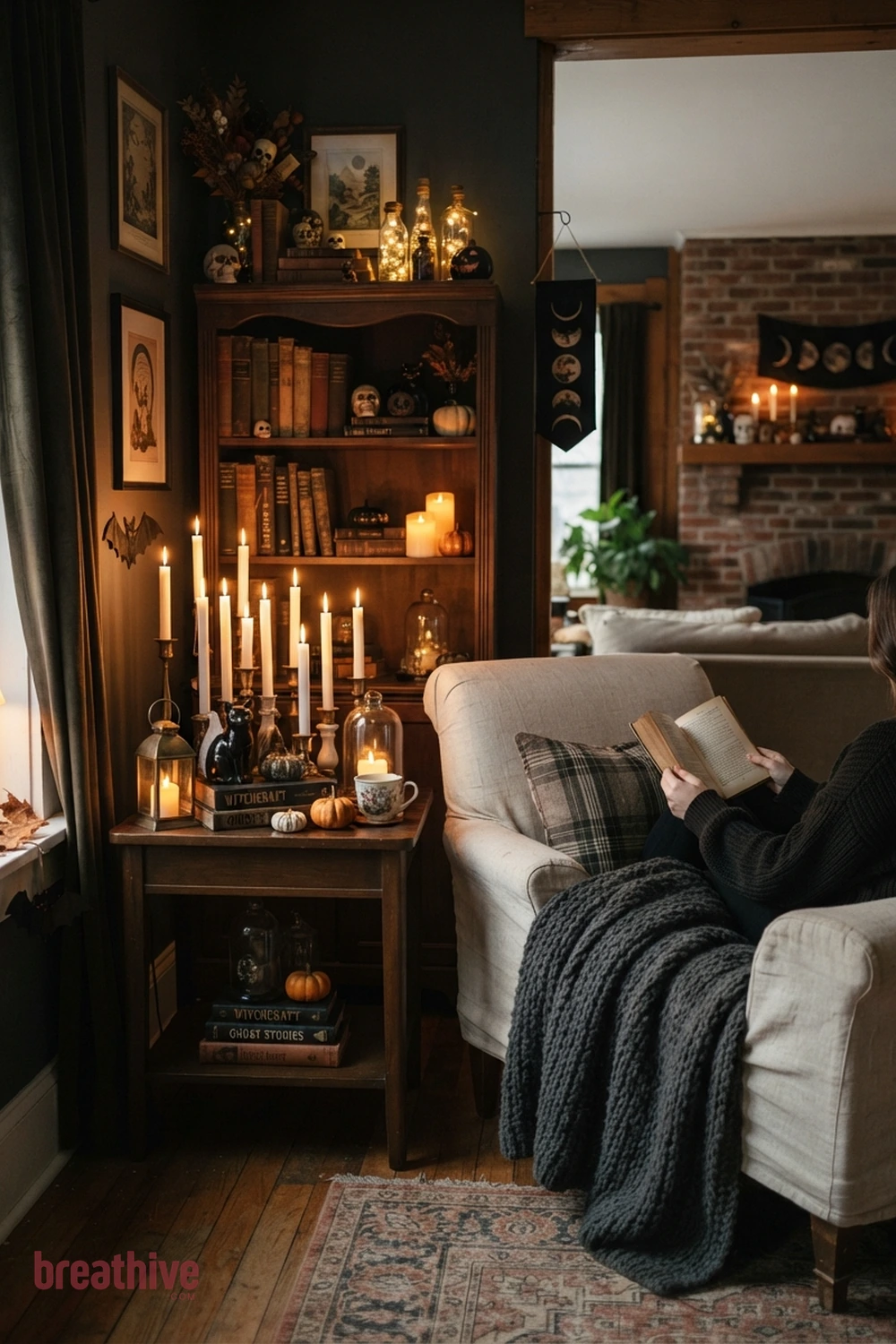 candlelit Halloween living room idea with reading nook, side table, or shelf showing how the concept works in limited space