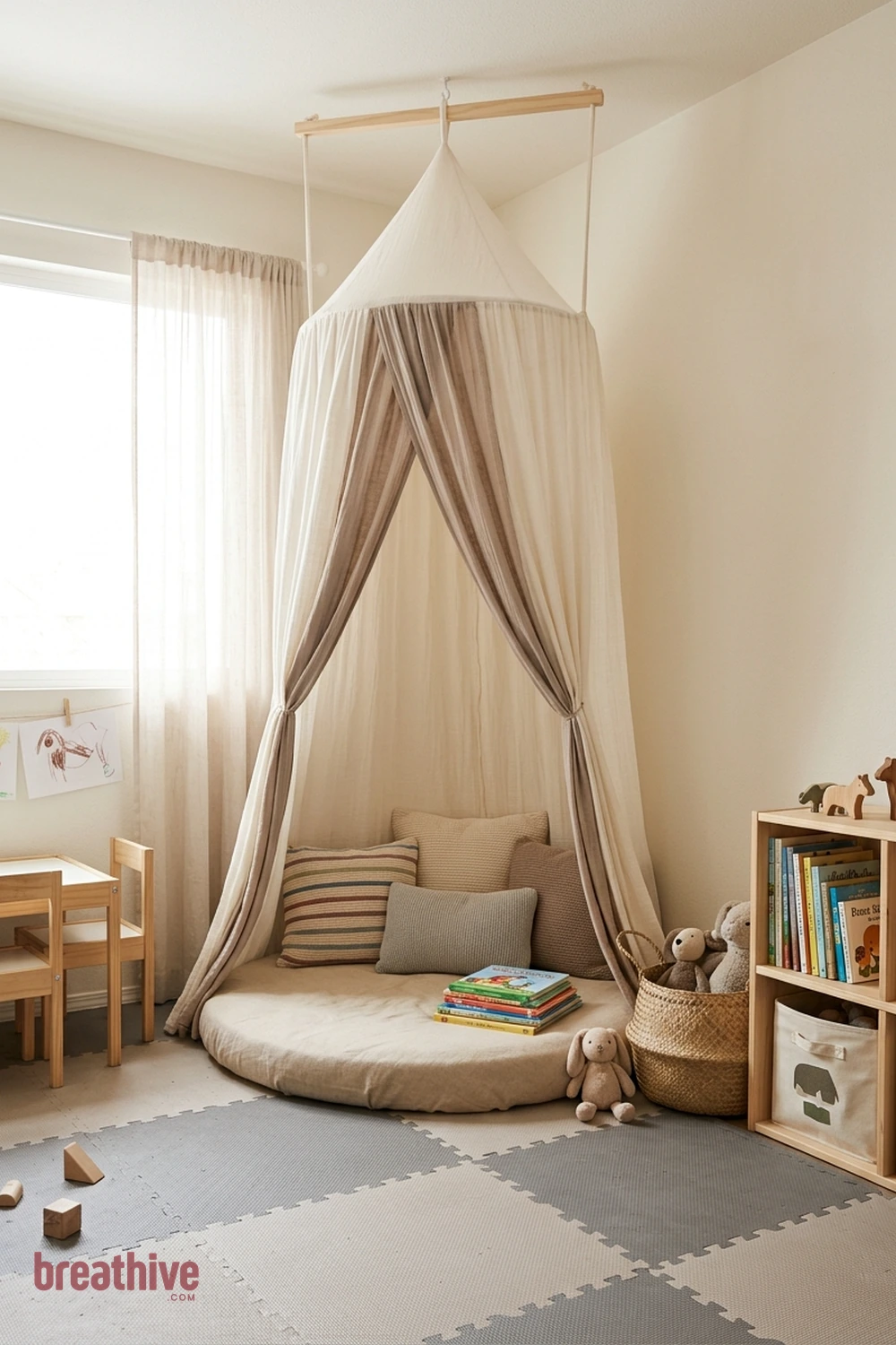 Add a Reading Canopy With Good Airflow in a thoughtful playroom