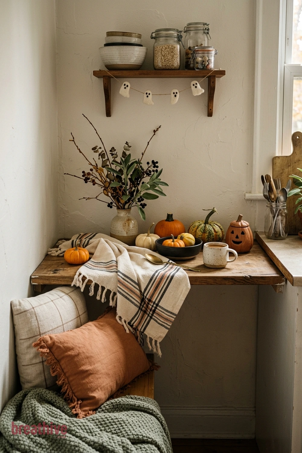 textile accent Halloween kitchen idea with compact apartment kitchen, breakfast nook, or narrow counter using a restrained seasonal grouping