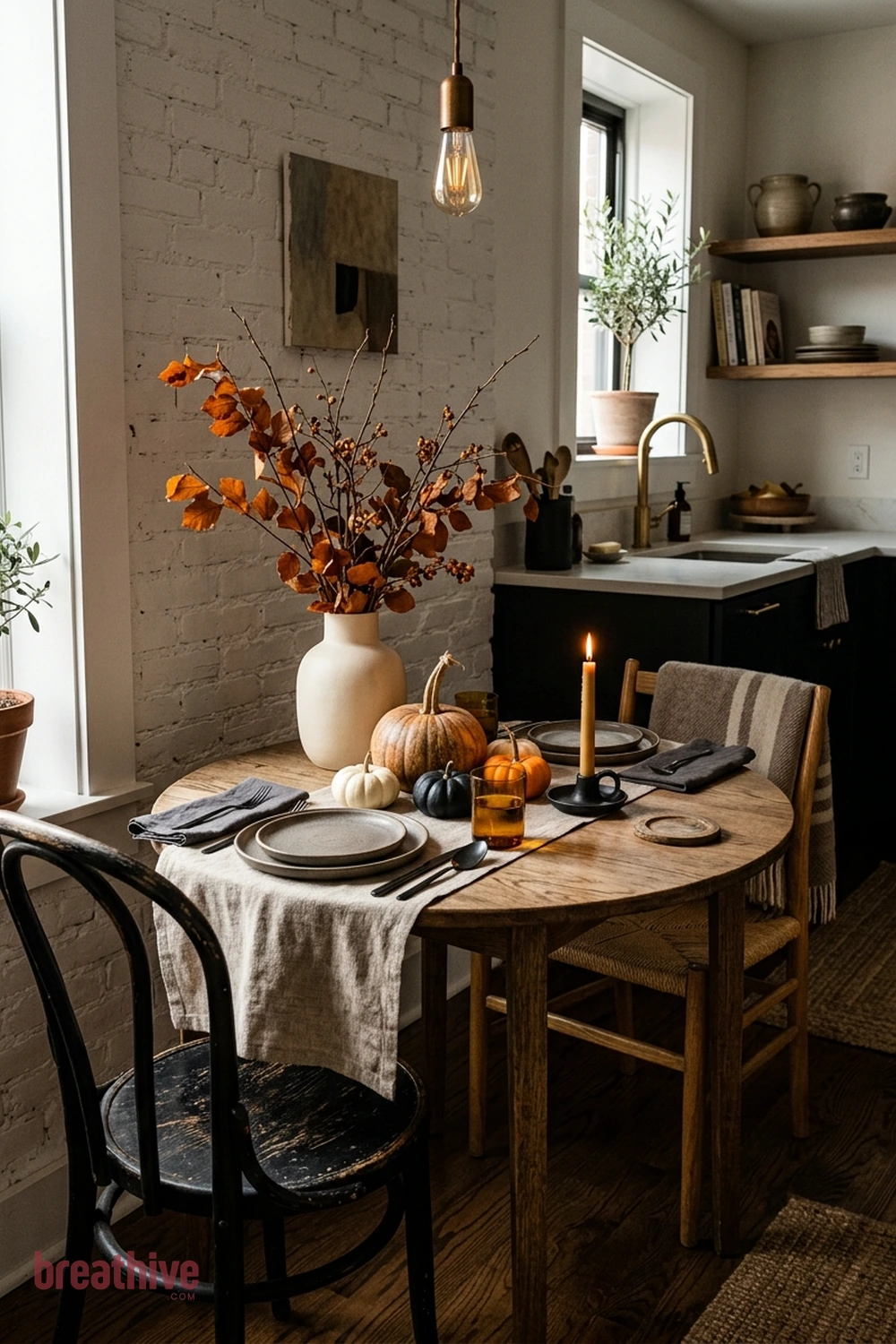 minimalist dining Halloween dining room idea with compact apartment kitchen, breakfast nook, or narrow counter using a restrained seasonal grouping
