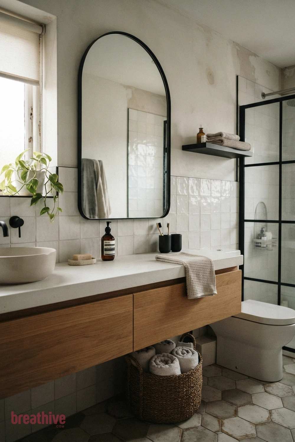 Choose a Curved Mirror for Softer Geometry in a black and white bathroom