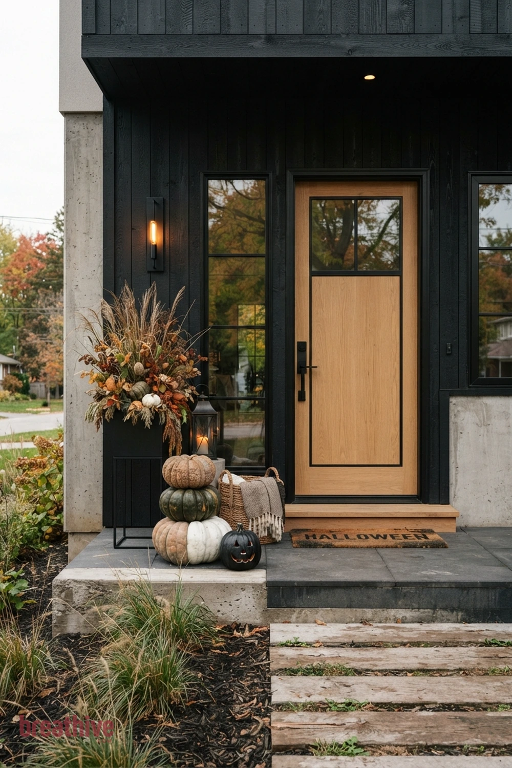 modern Halloween front porch idea with compact entry using vertical or grouped decor instead of spreading across the floor