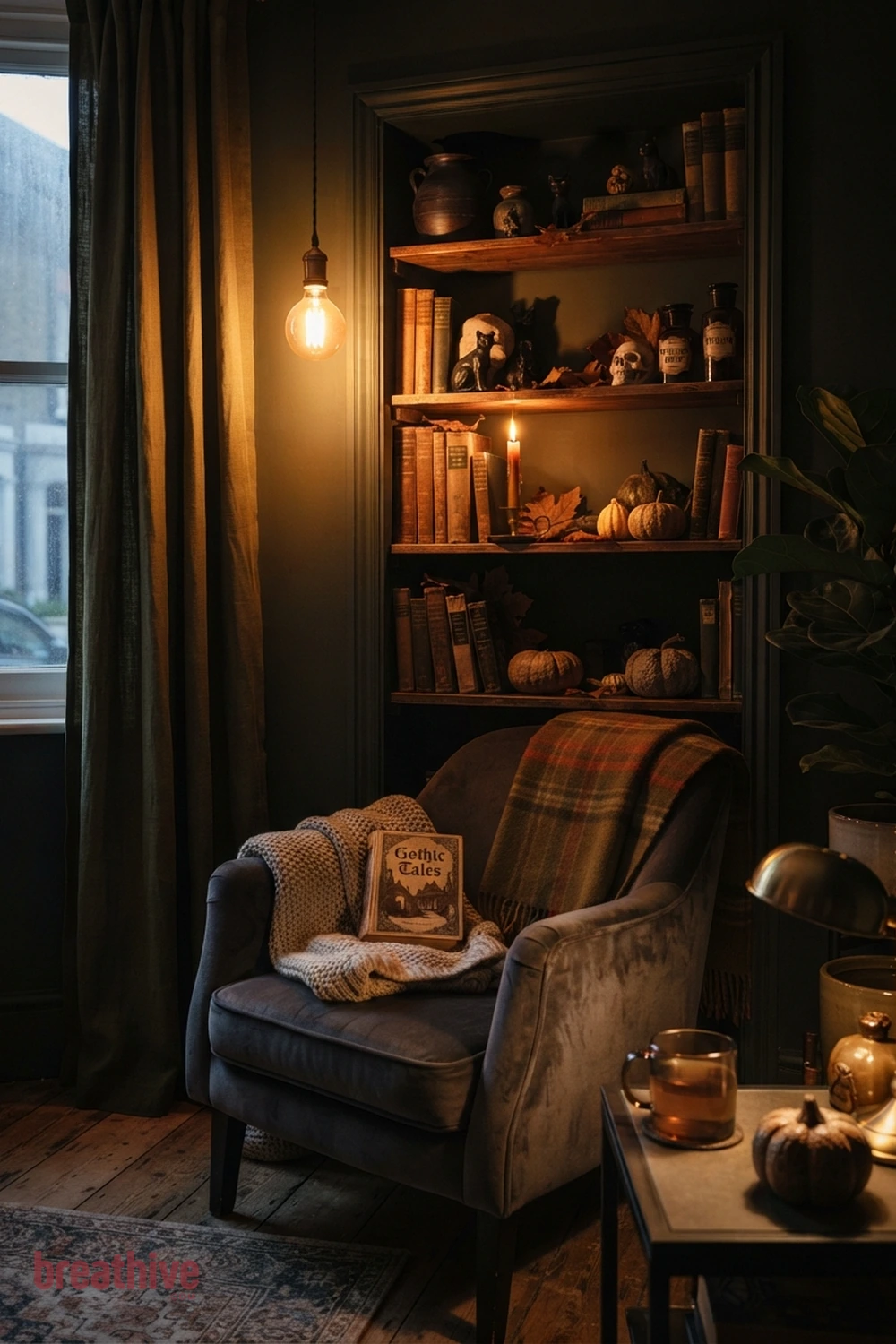 moody Halloween living room idea with reading nook, side table, or shelf showing how the concept works in limited space