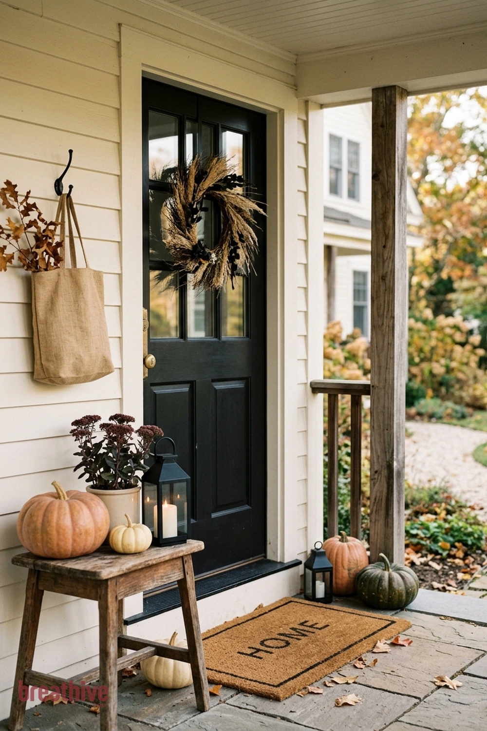 minimalist Halloween front porch idea with compact entry using vertical or grouped decor instead of spreading across the floor