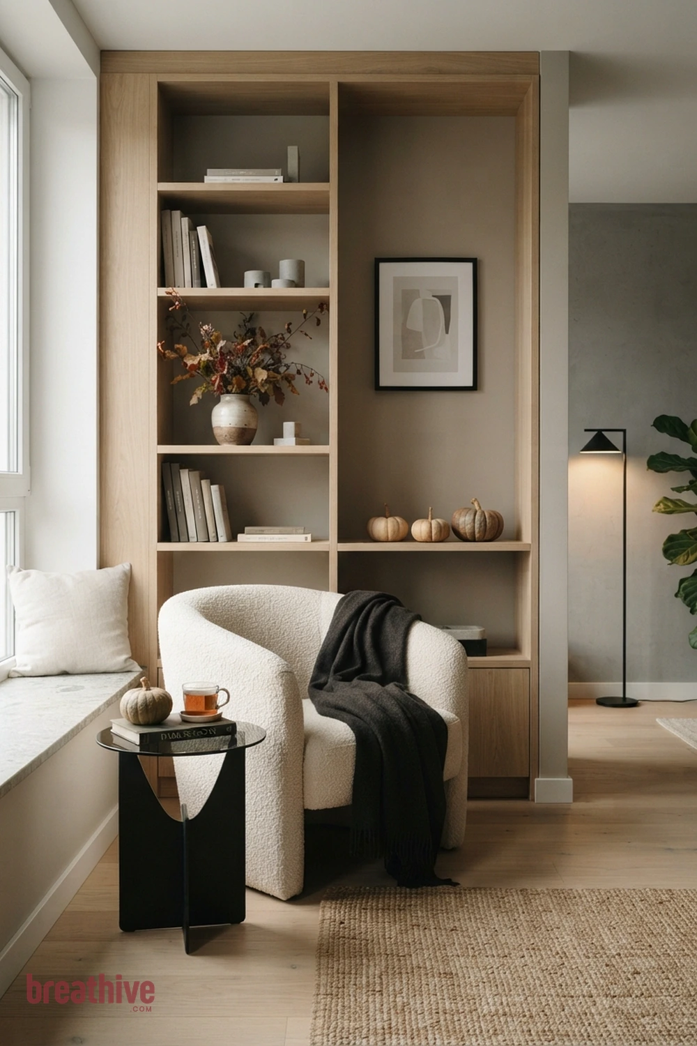 modern minimalist Halloween living room idea with reading nook, side table, or shelf showing how the concept works in limited space