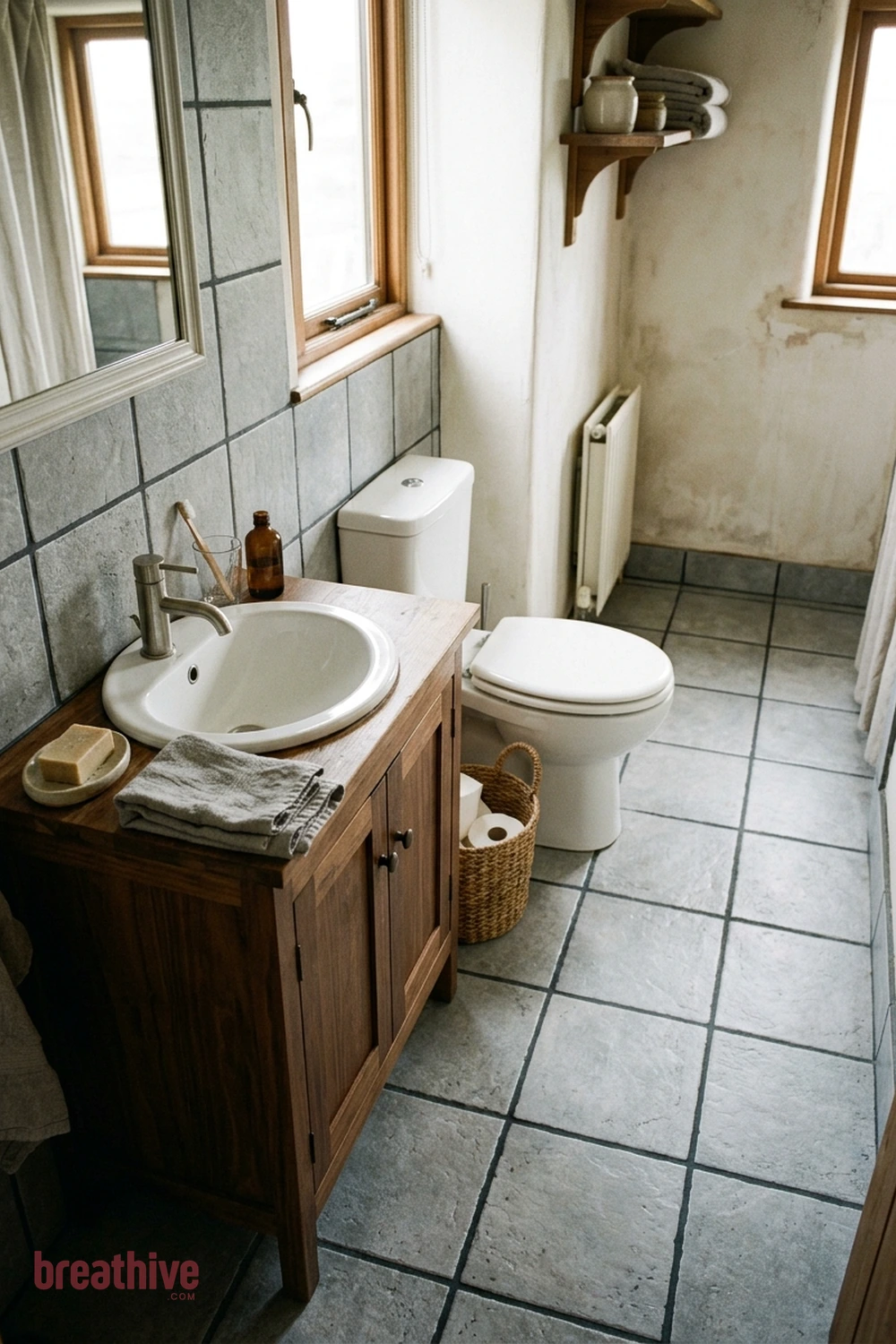 Keep Grout Lines Simple in a Small Room in a rustic bathroom
