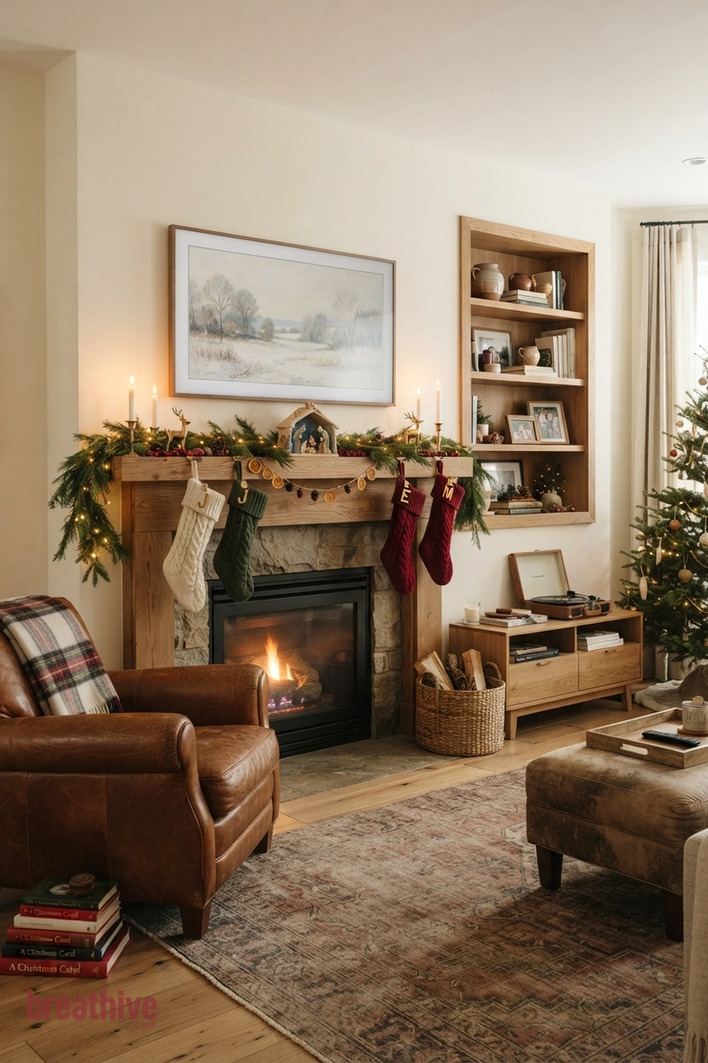 Make the Fireplace and Television Share the Wall Calmly in a christmas living room