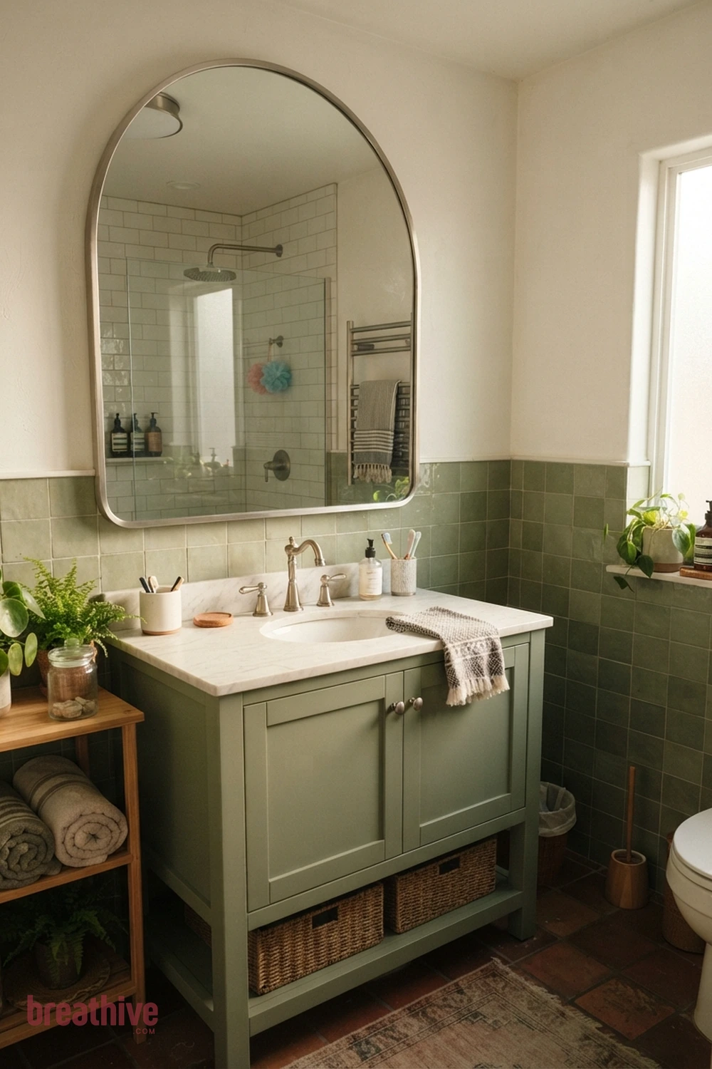 Choose a Curved Mirror for Softer Geometry in a green bathroom