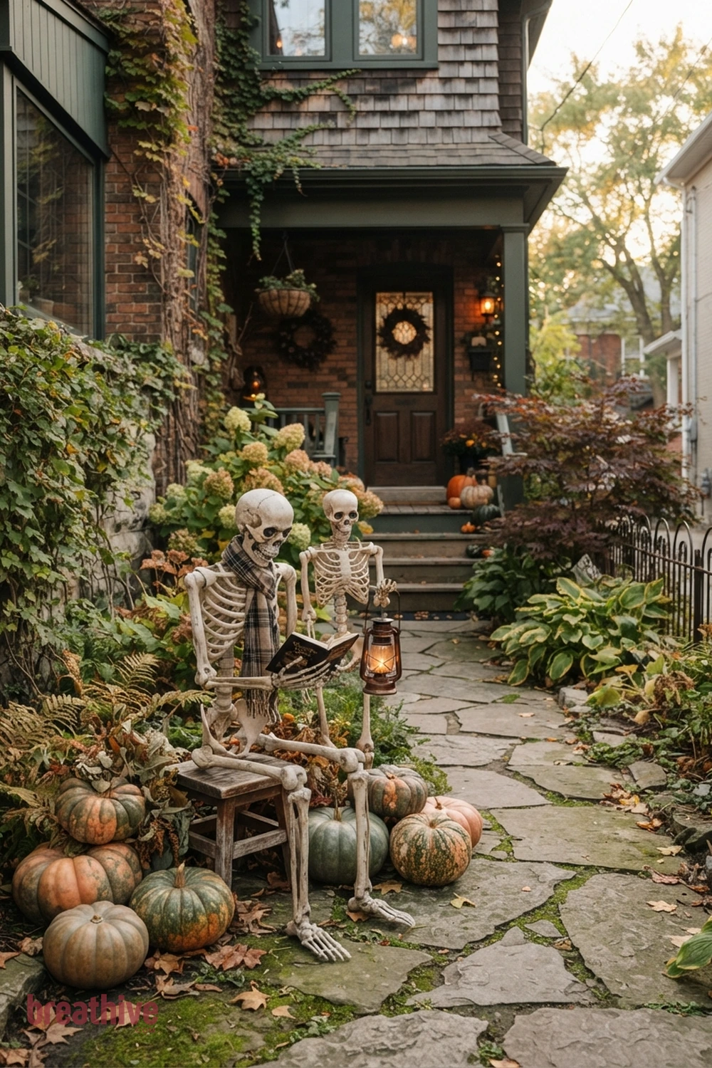 skeleton scene Halloween front yard idea with small front yard or narrow side path using fewer pieces with stronger placement