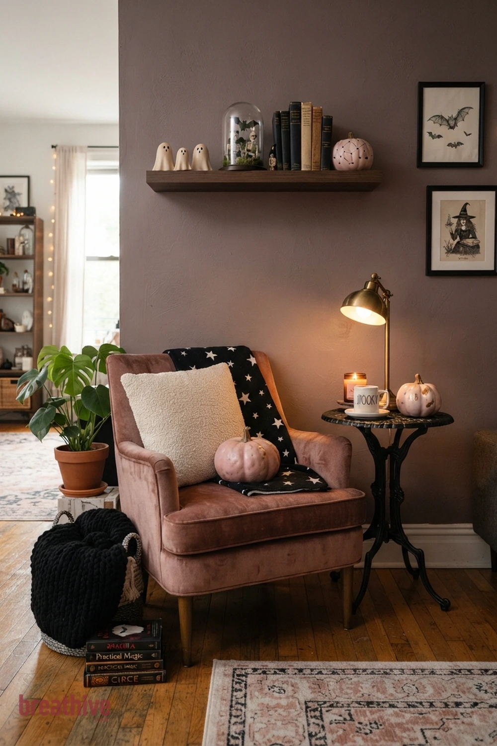 pink playful Halloween living room idea with reading nook, side table, or shelf showing how the concept works in limited space