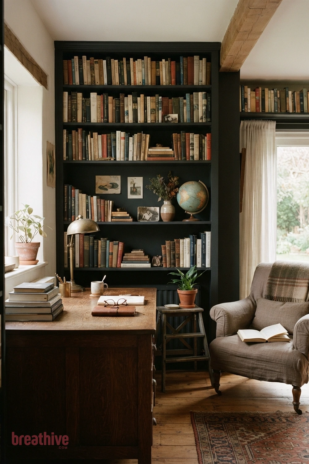 Use a Darker Wall to Create Enclosure in a thoughtful home library