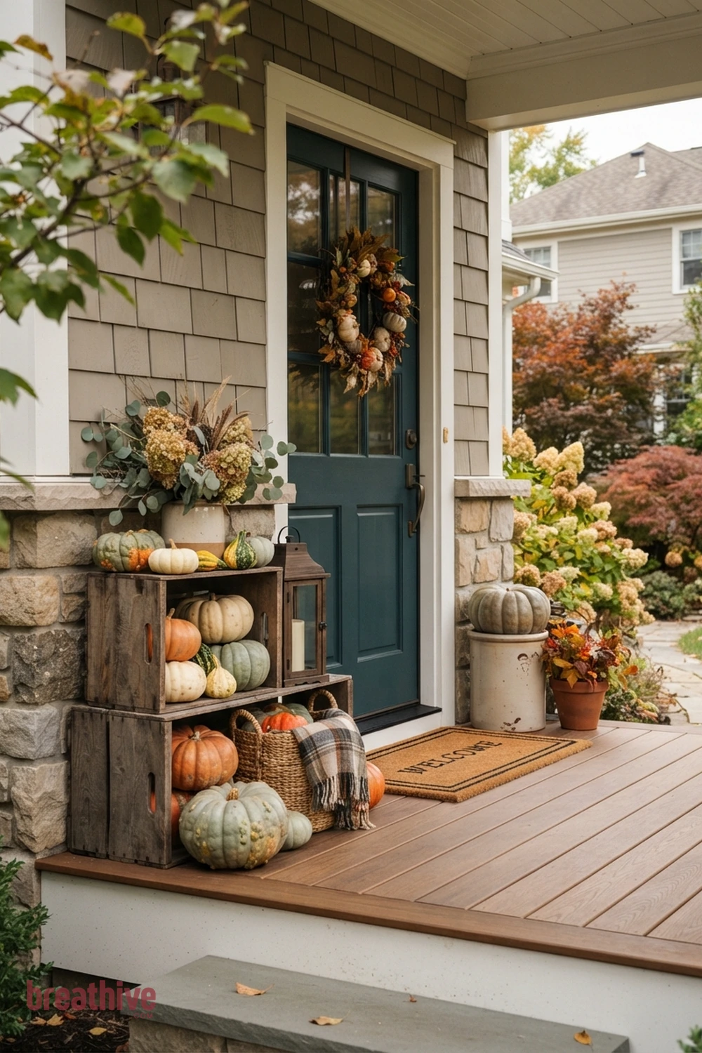 pumpkin layered Halloween front porch idea with compact entry using vertical or grouped decor instead of spreading across the floor