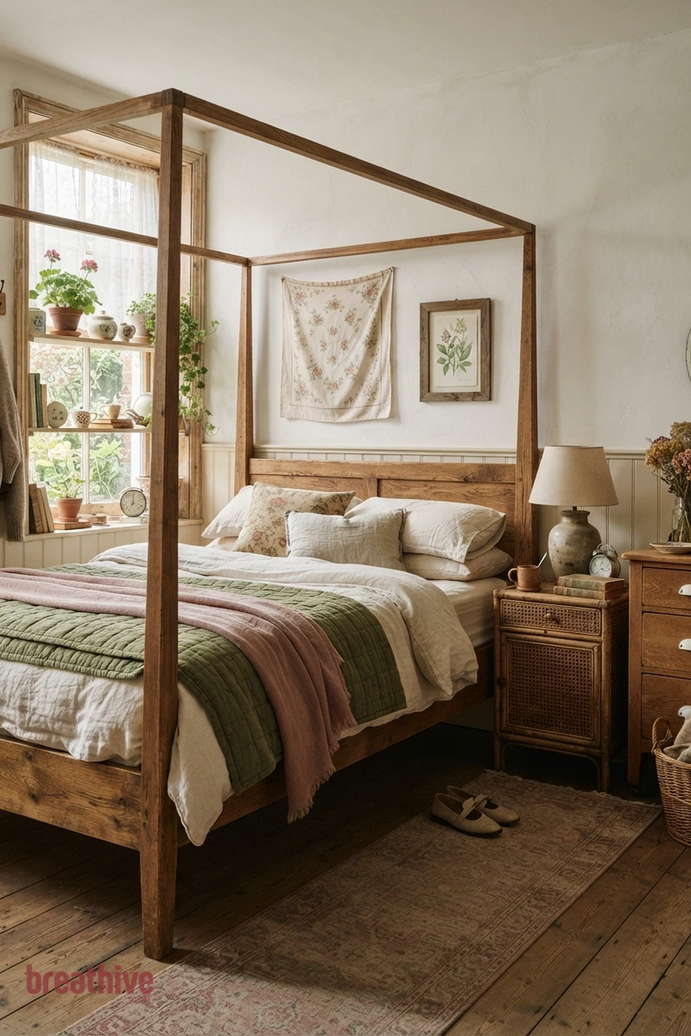 Add Warm Wood Near the Sleeping Zone in a cottagecore bedroom