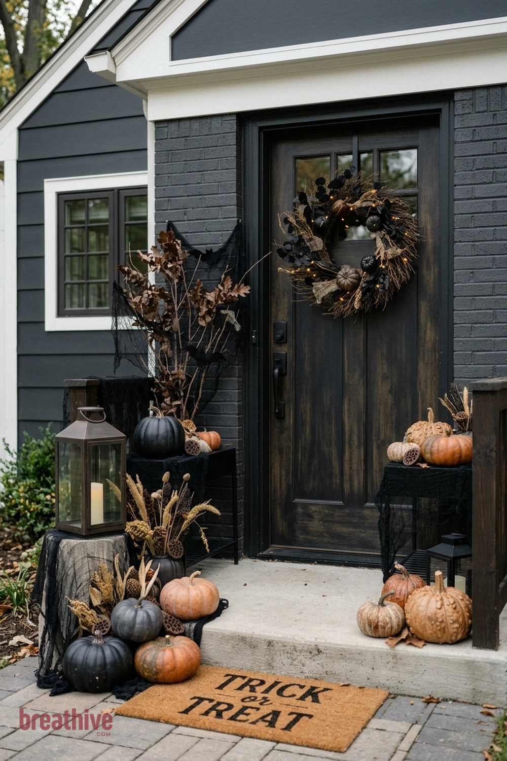 spooky polished Halloween front porch idea with compact entry using vertical or grouped decor instead of spreading across the floor