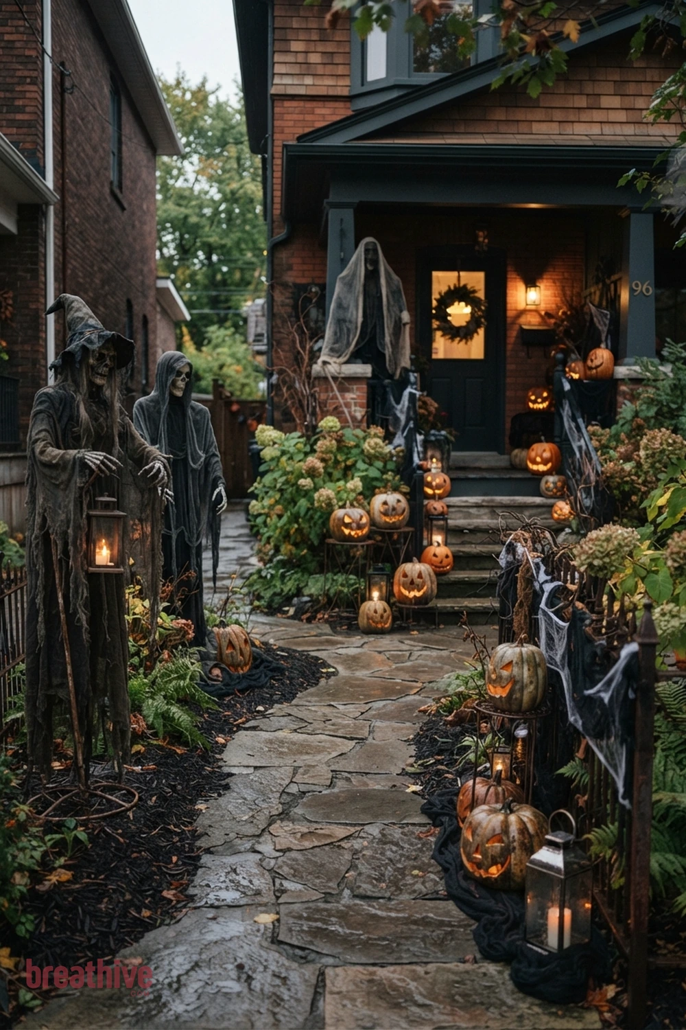 scary theatrical Halloween front yard idea with small front yard or narrow side path using fewer pieces with stronger placement
