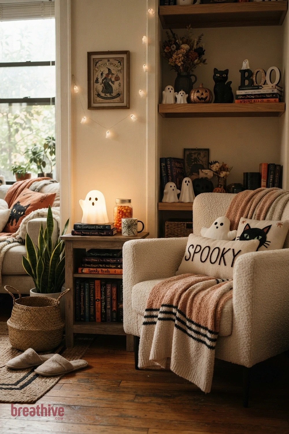 sweet spooky Halloween living room idea with reading nook, side table, or shelf showing how the concept works in limited space