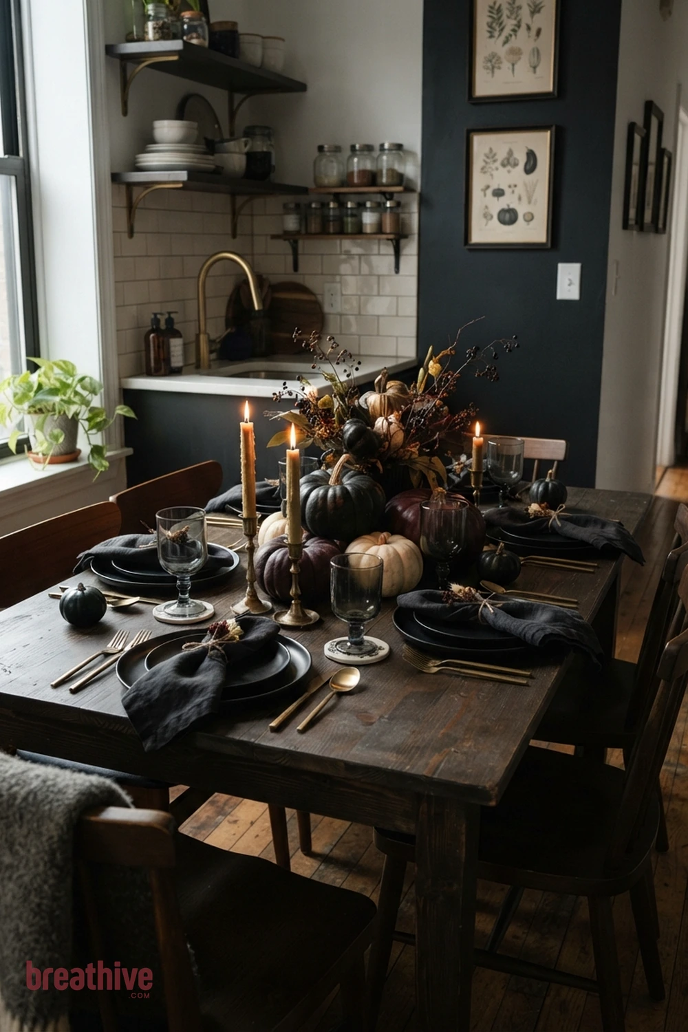 spooky tablescape Halloween dining room idea with compact apartment kitchen, breakfast nook, or narrow counter using a restrained seasonal grouping