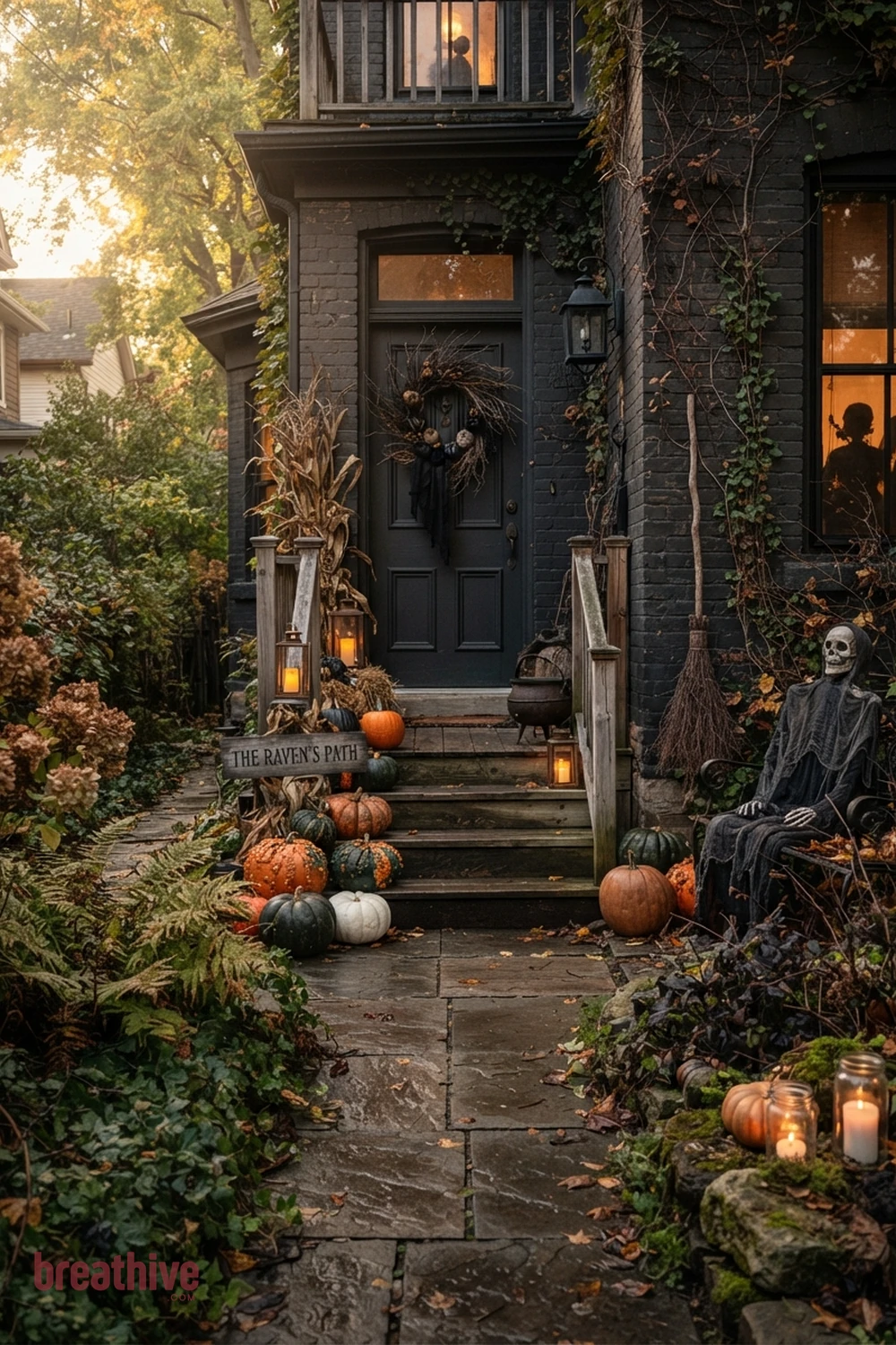 spooky aesthetic Halloween front yard idea with small front yard or narrow side path using fewer pieces with stronger placement