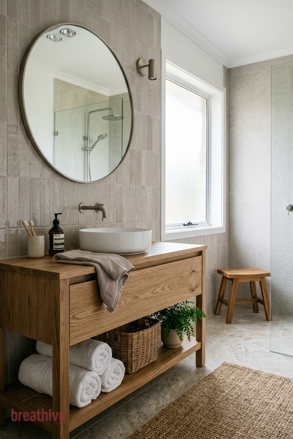 Bring Wood Texture Through Moisture-Suitable Finishes in a thoughtful bathroom