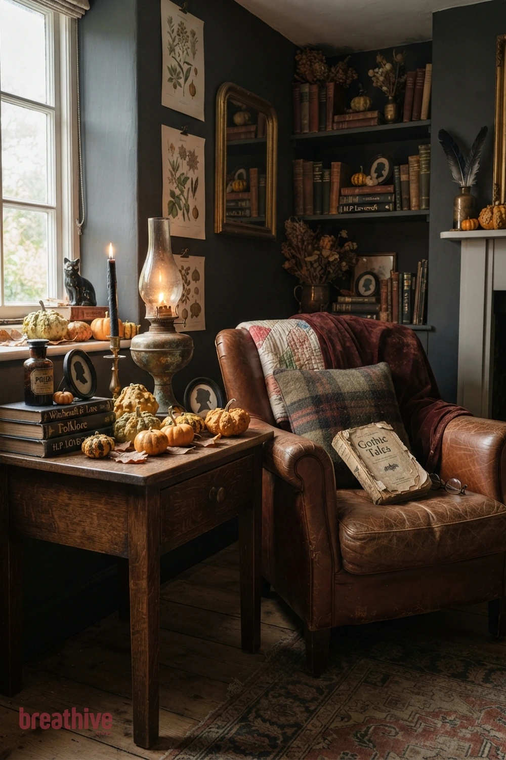 vintage Halloween living room idea with reading nook, side table, or shelf showing how the concept works in limited space