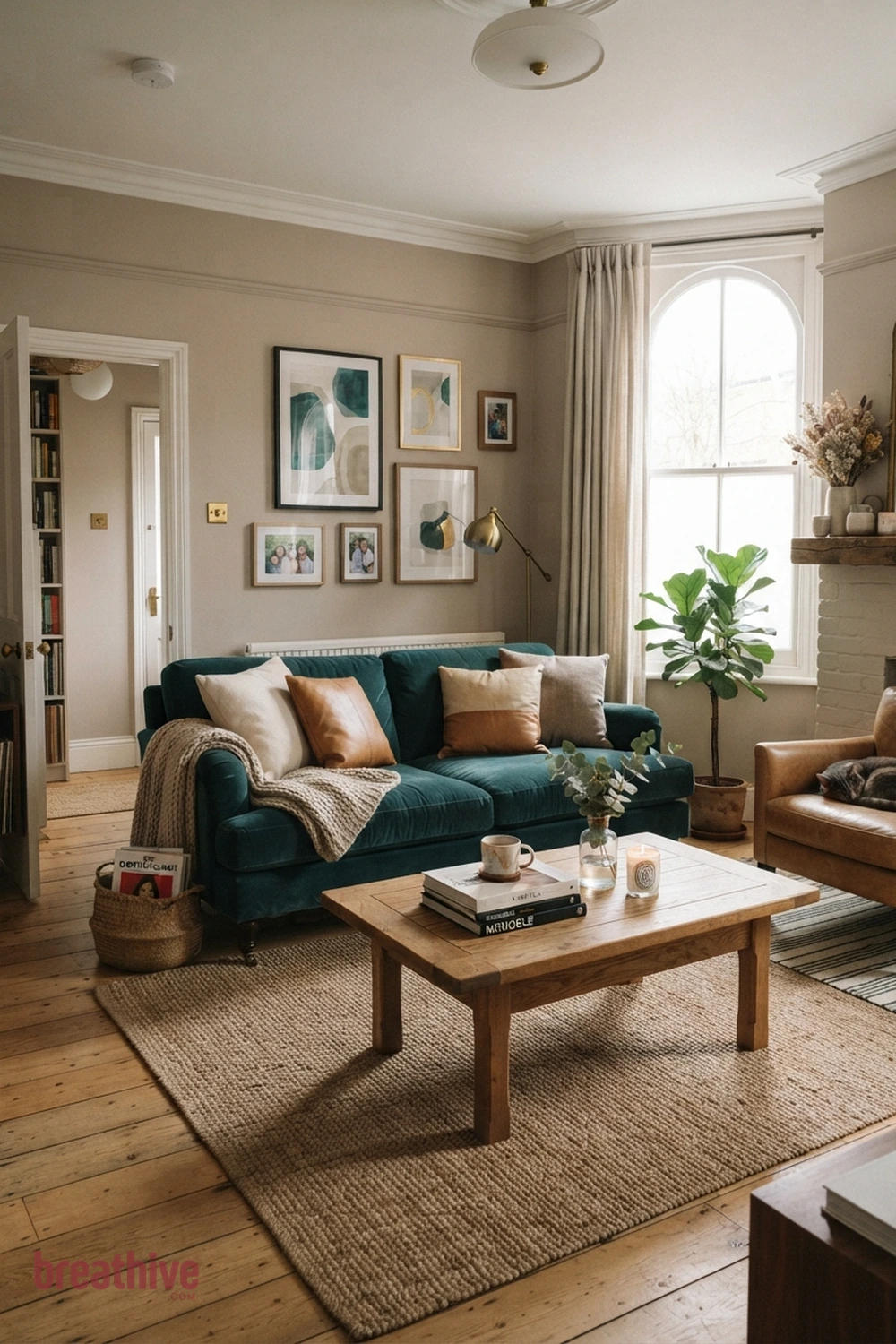 Teal, Camel, and Cream in a thoughtful living room