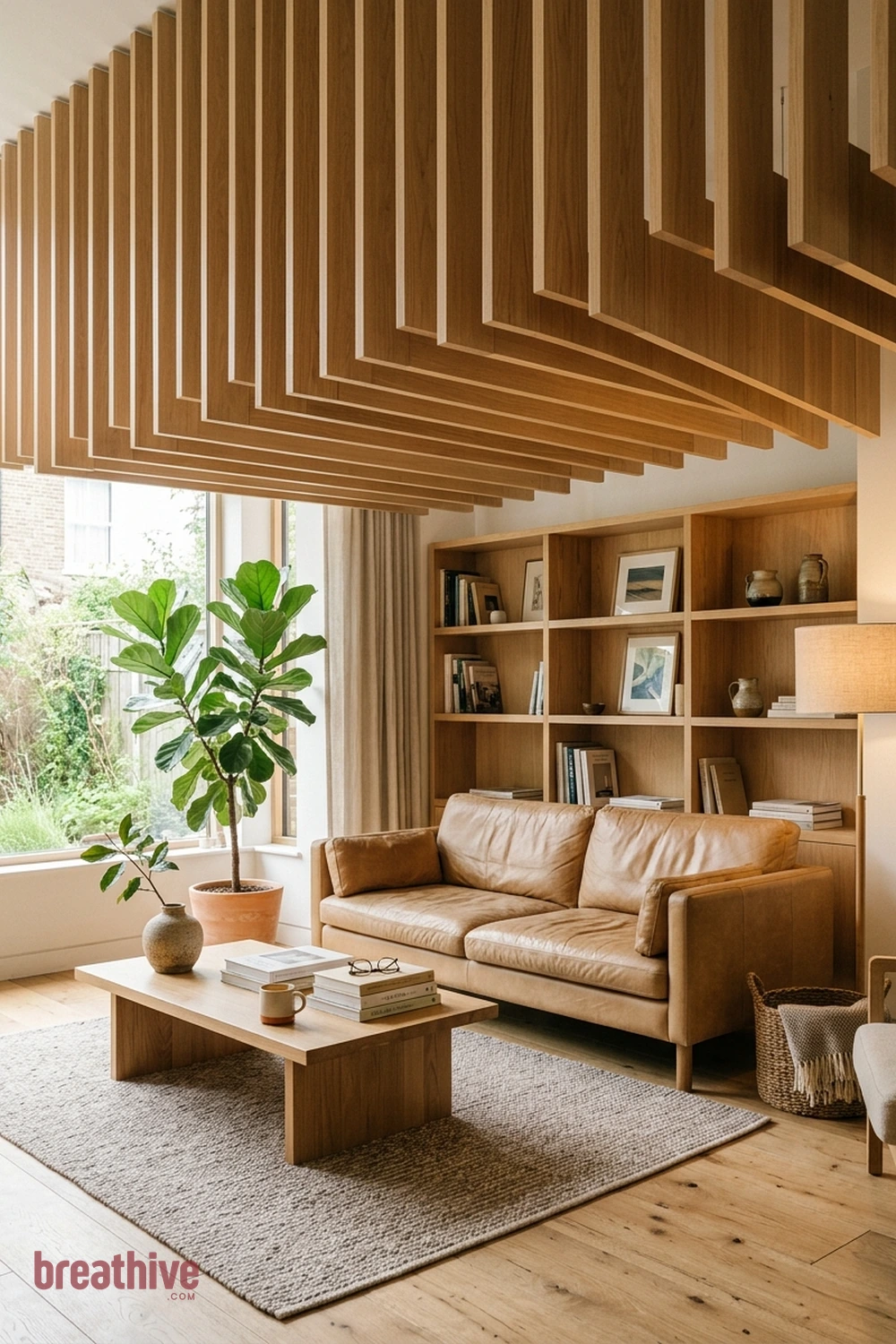 Ceiling-Hung Timber Fins in a thoughtful living room