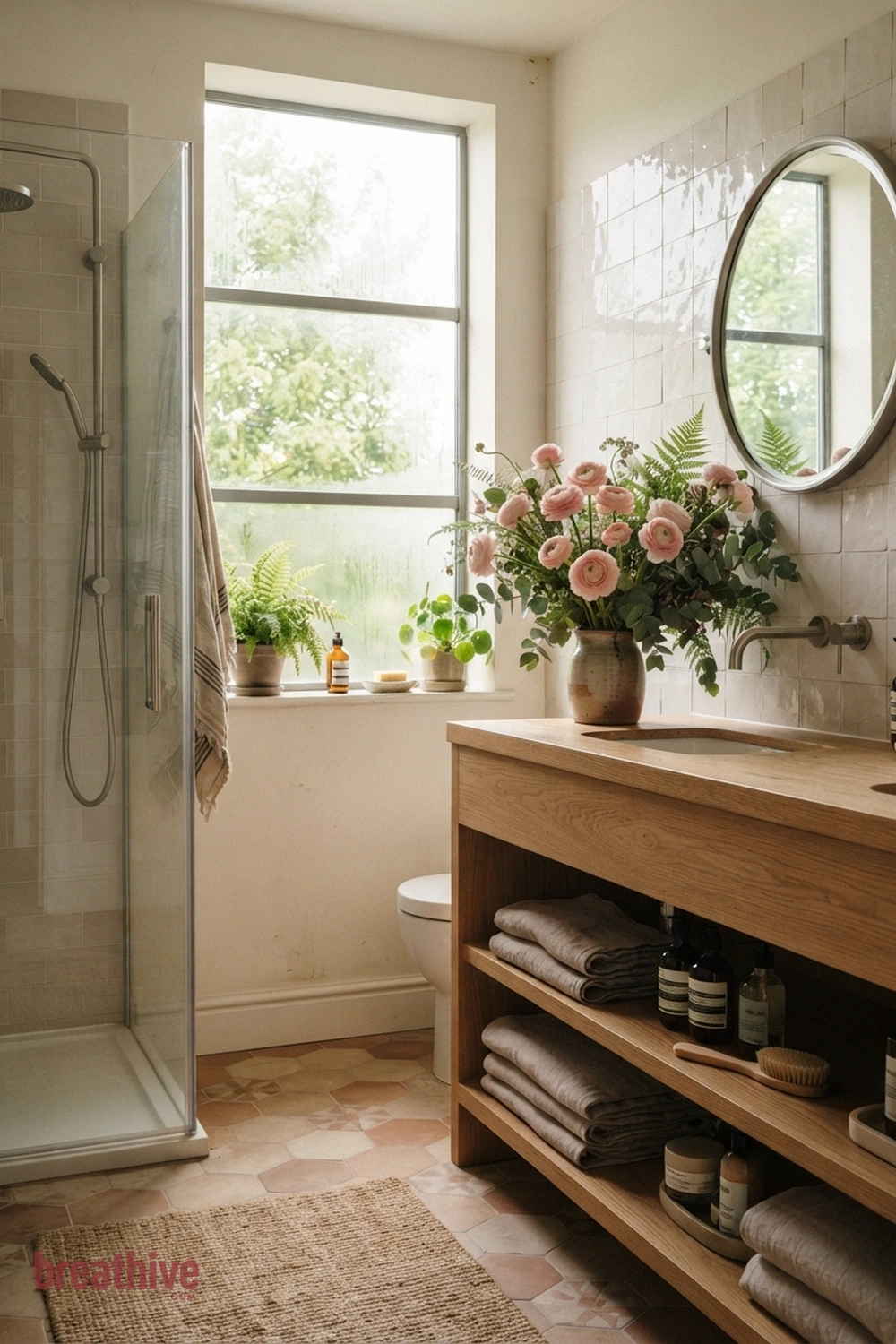 Soft Pink Botanical in a thoughtful bathroom
