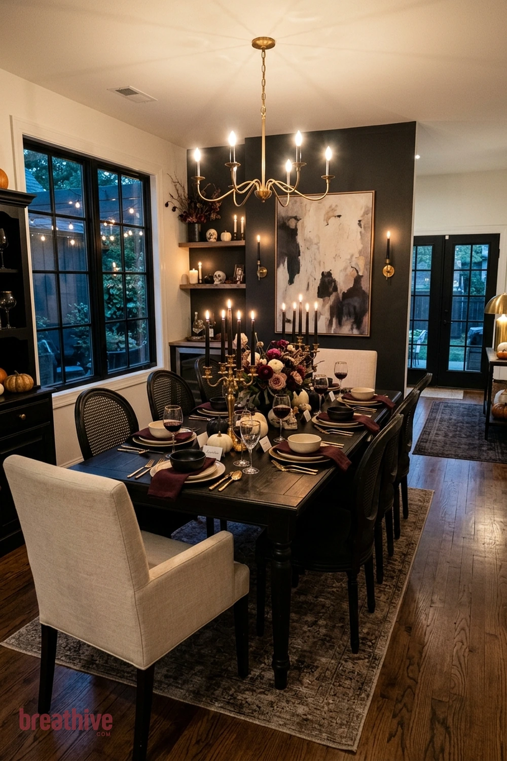 dinner party Halloween dining room idea with second angle revealing circulation, seating clearance, and how decorative color repeats