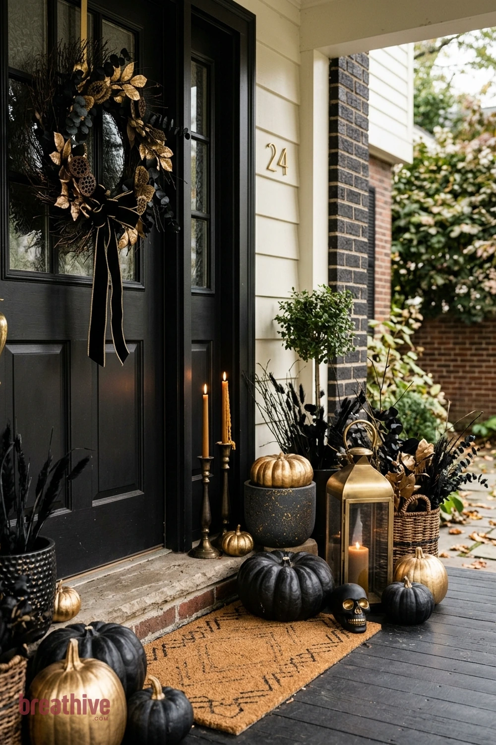 black and gold Halloween front porch idea with one side of the doorway styled with grouped objects in varied height and scale