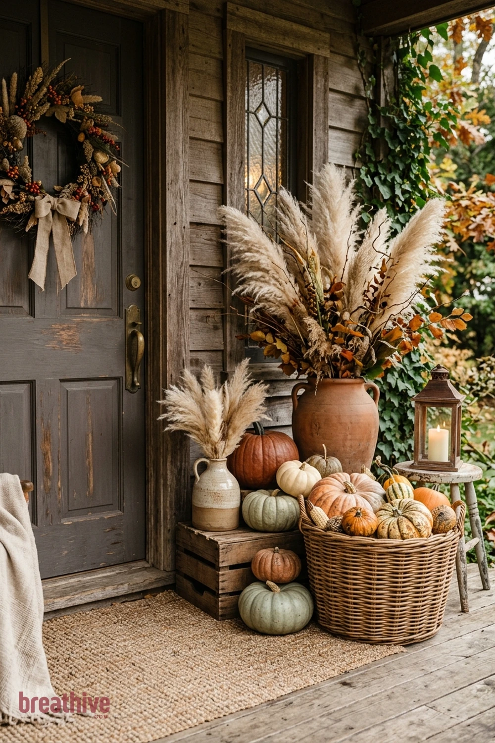 boho Halloween front porch idea with one side of the doorway styled with grouped objects in varied height and scale