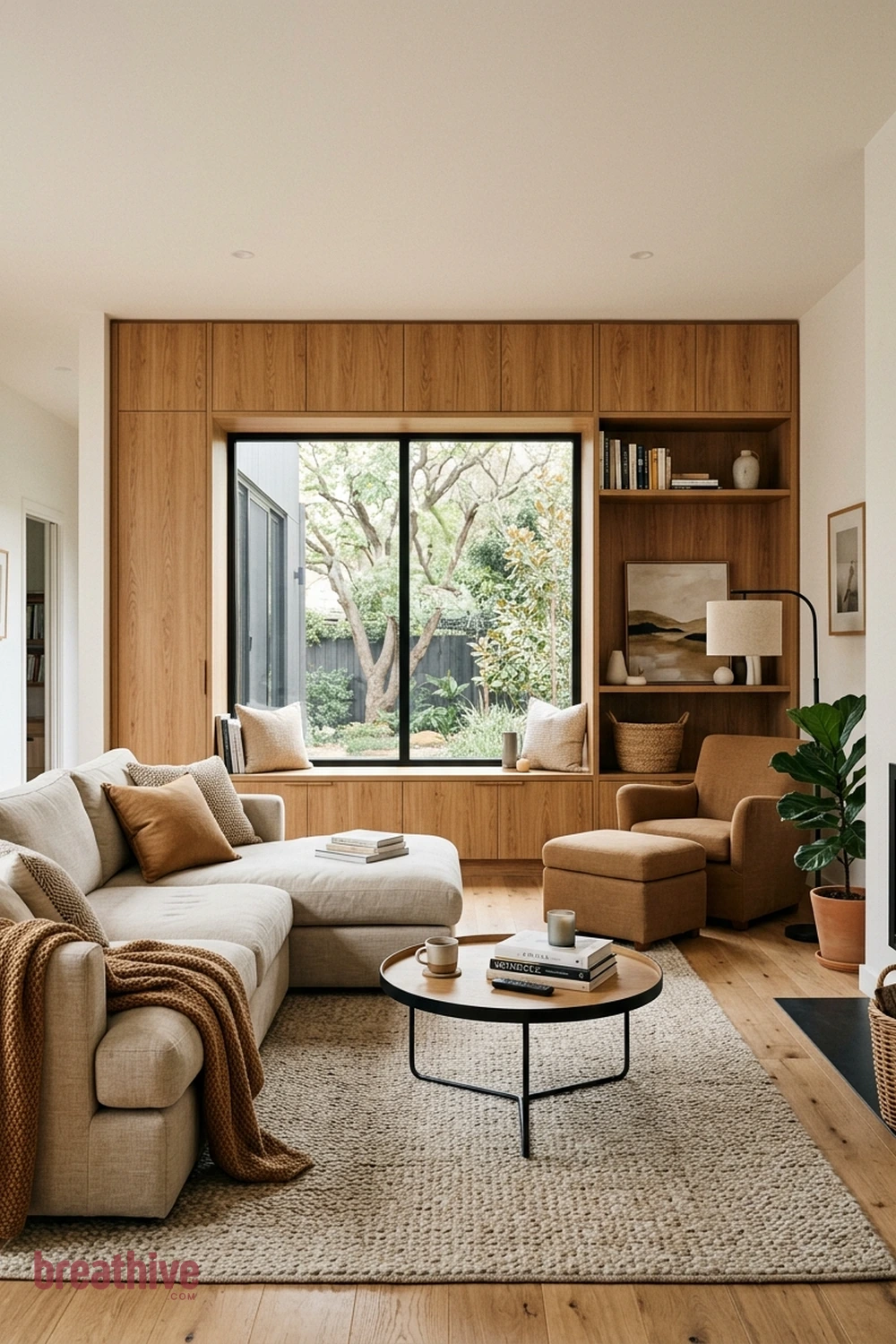 Use Warm Wood to Soften Modern Lines in a cozy living room