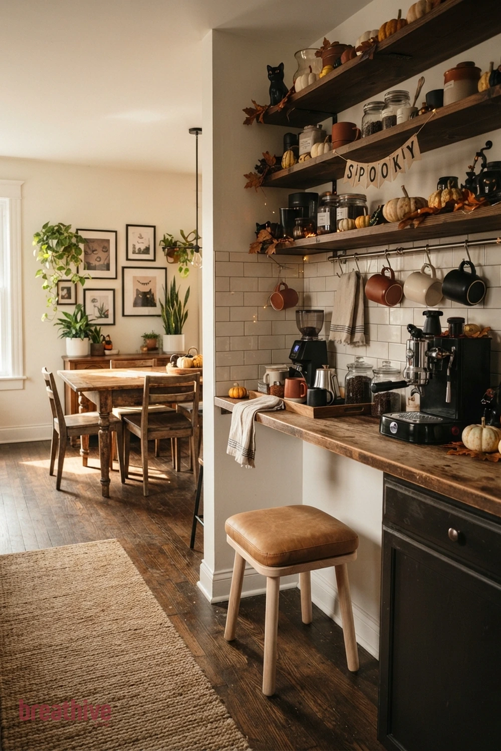 cozy coffee bar Halloween kitchen coffee station idea with second angle revealing circulation, seating clearance, and how decorative color repeats