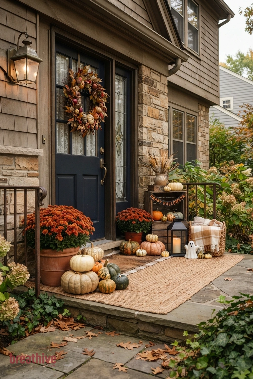 cozy Halloween front entry idea with one side of the doorway styled with grouped objects in varied height and scale