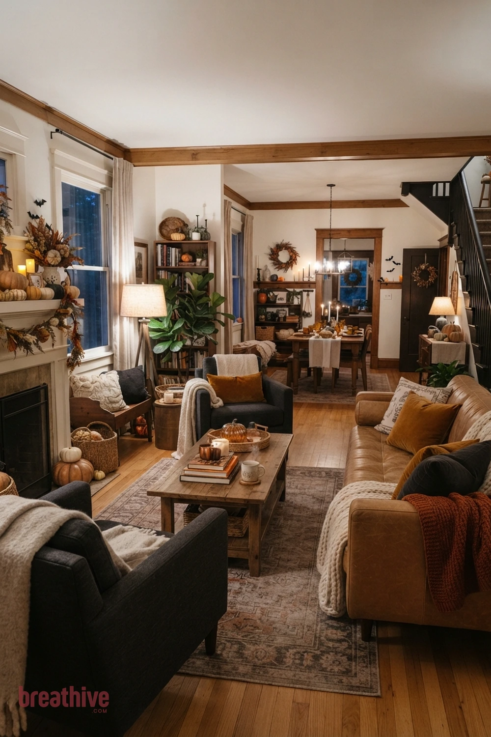 cozy Halloween living room idea with second room angle revealing circulation, scale, and how seasonal accents repeat through the space