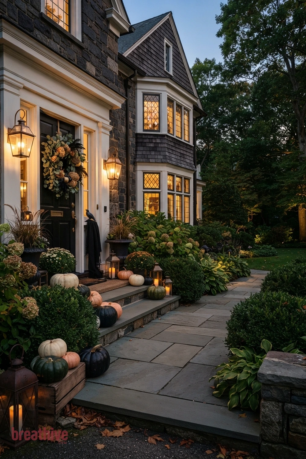 classy Halloween front yard and entry idea with foreground, middle-ground, and background seasonal elements creating depth without clutter