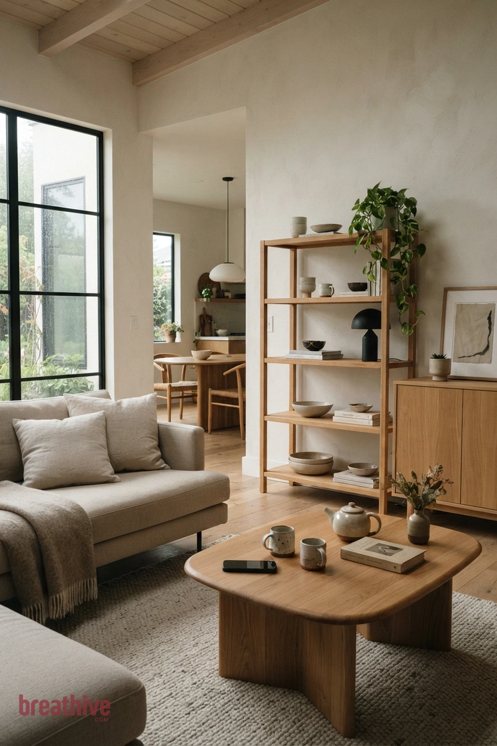 Use Warm Wood to Soften Modern Lines in a japandi living room