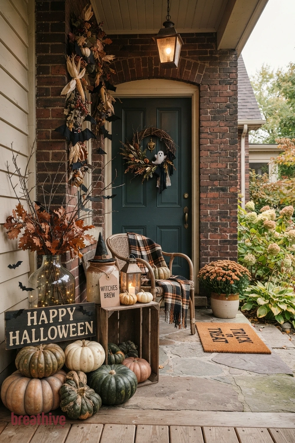 DIY polished Halloween front porch idea with one side of the doorway styled with grouped objects in varied height and scale