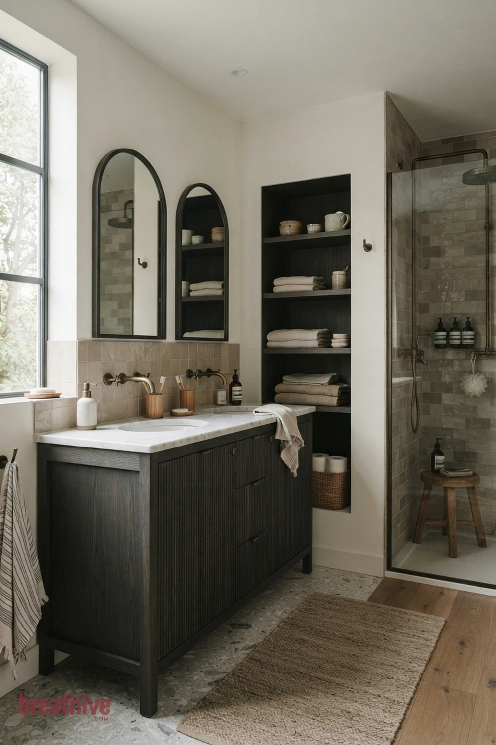 Create Contrast With a Dark Vanity in a thoughtful bathroom