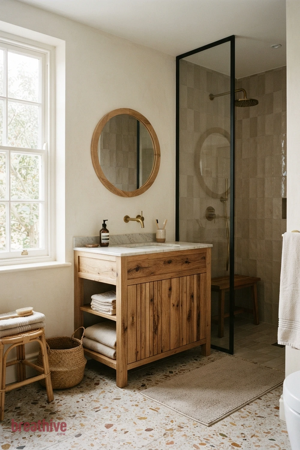 Bring Wood Texture Through Moisture-Suitable Finishes in a thoughtful bathroom