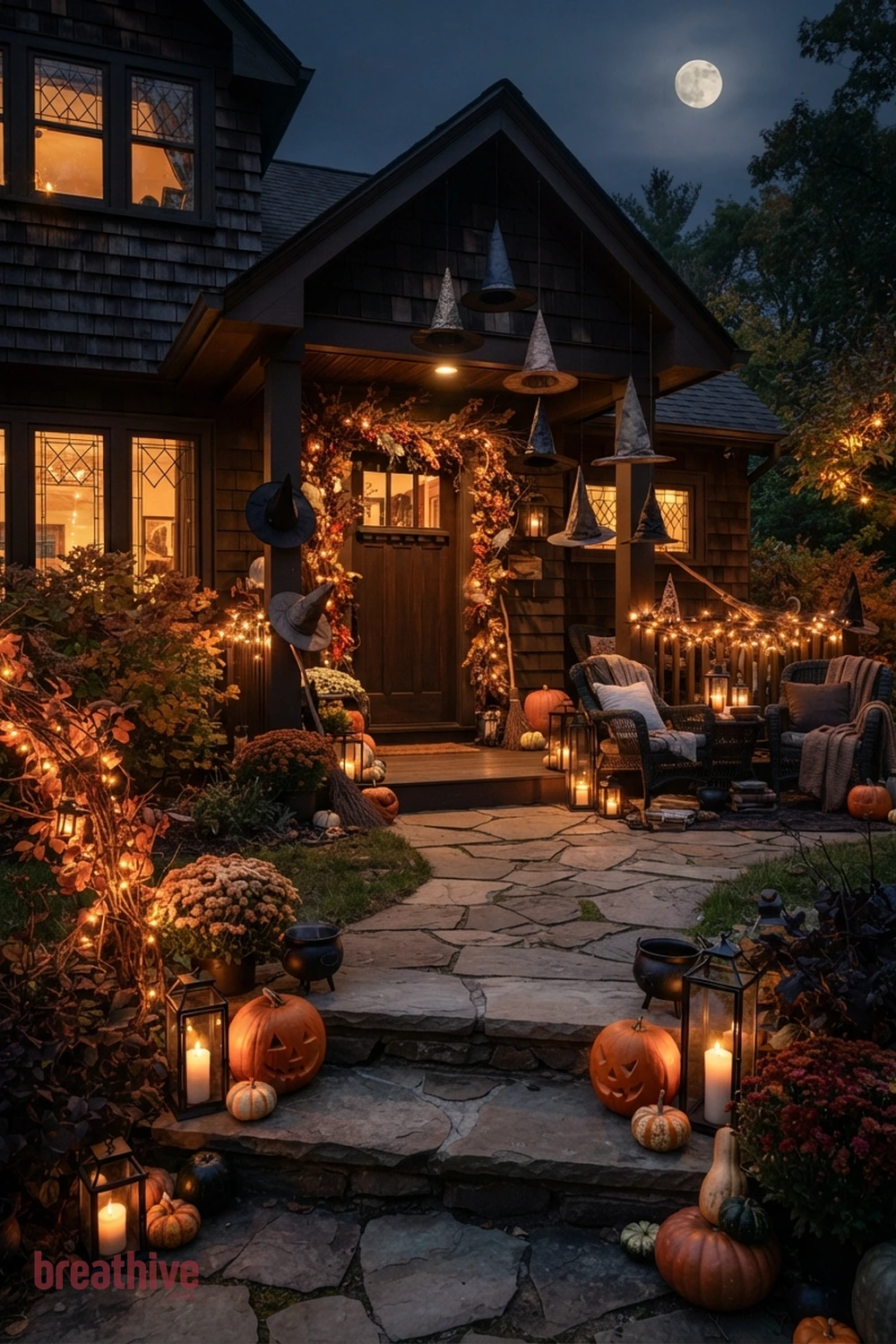 whimsical witch Halloween porch and walkway idea with foreground, middle-ground, and background seasonal elements creating depth without clutter