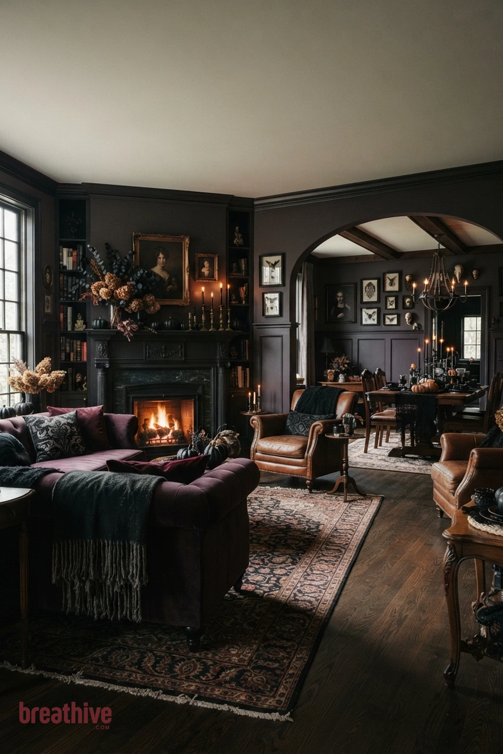 gothic Halloween living room idea with second room angle revealing circulation, scale, and how seasonal accents repeat through the space
