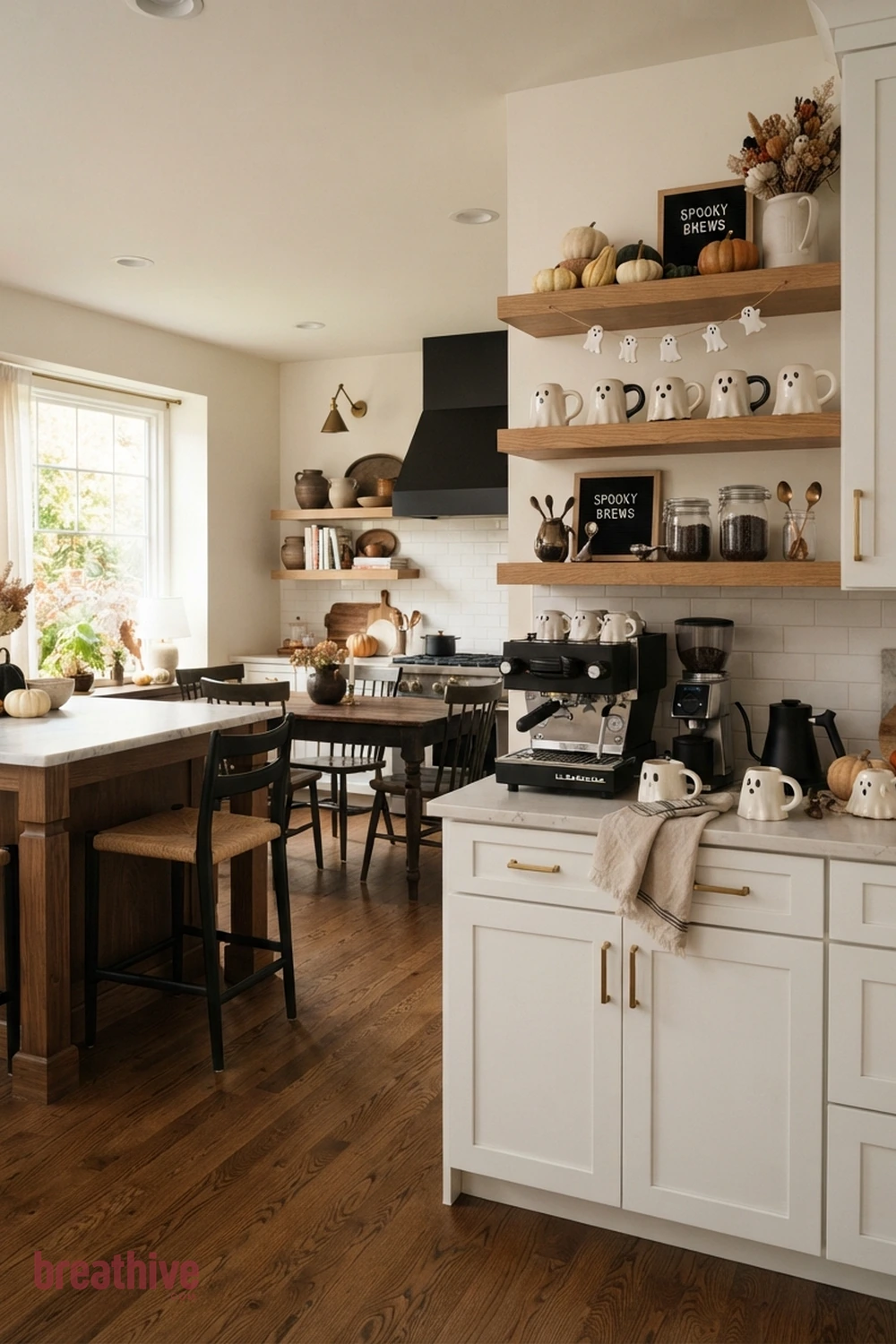 ghost mug collection Halloween kitchen coffee station idea with second angle revealing circulation, seating clearance, and how decorative color repeats
