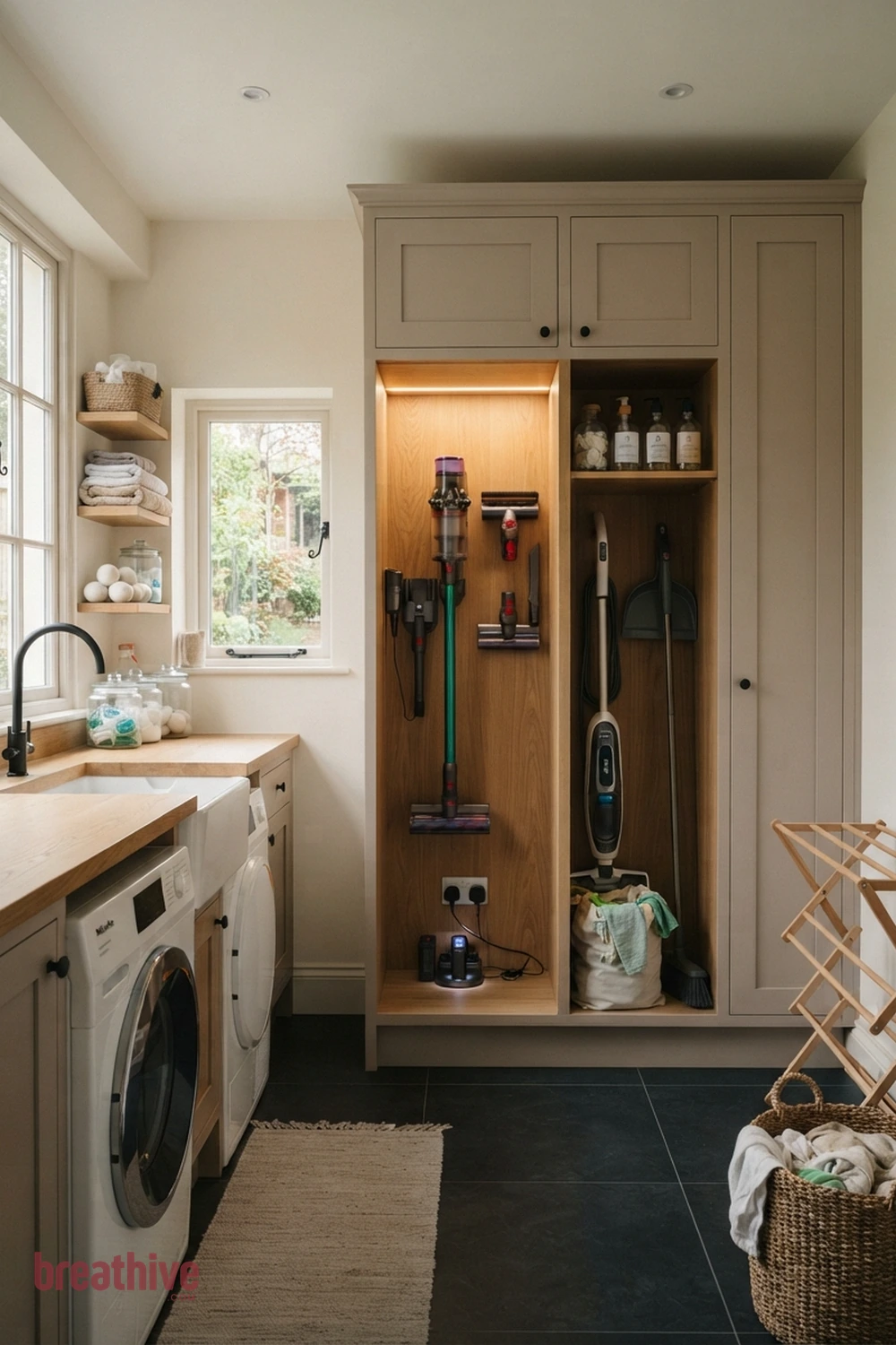 Create a Charging Spot for Cleaning Tools in a thoughtful laundry room