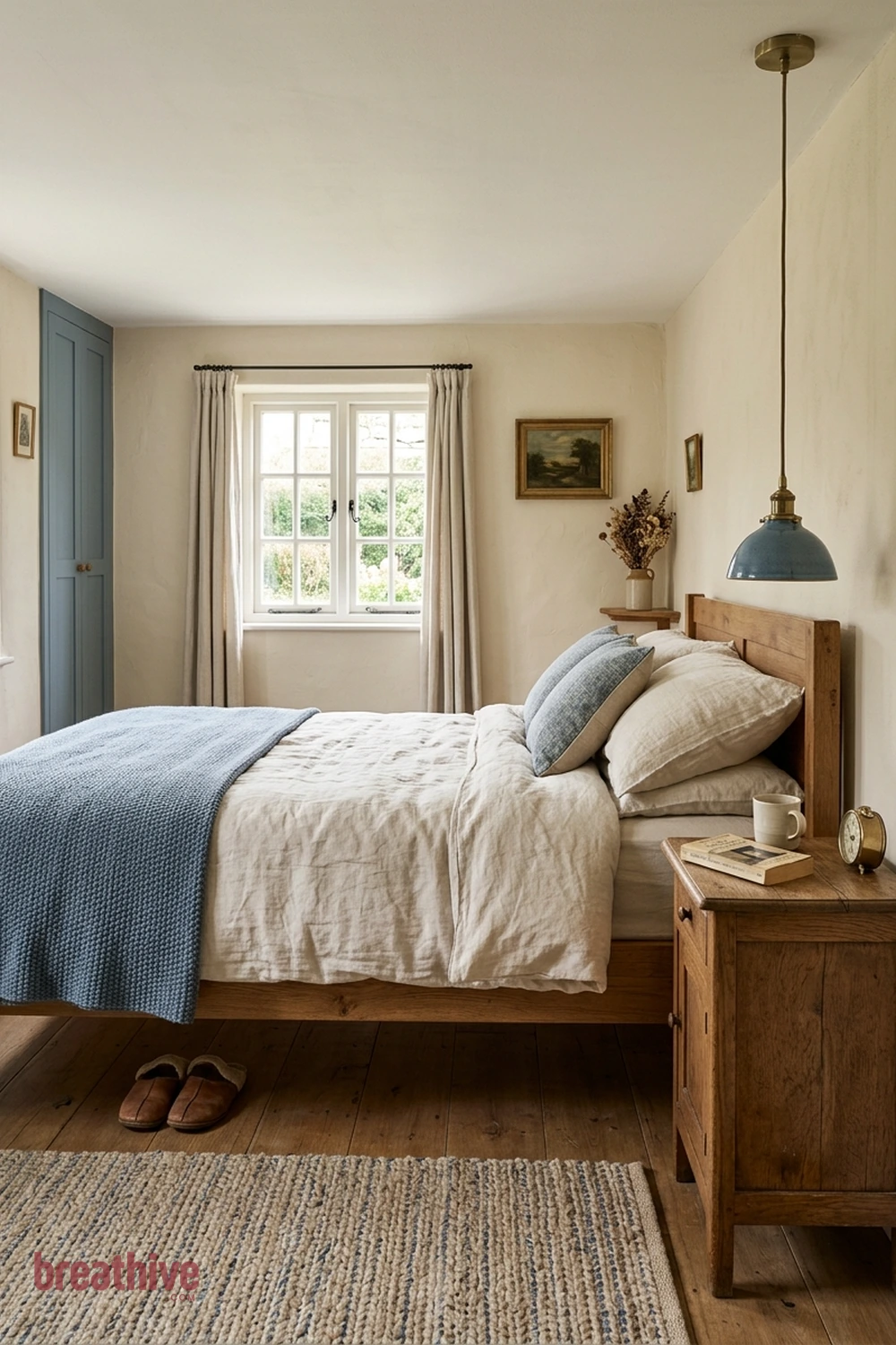 Use a Pendant When the Nightstand Is Narrow in a cottage bedroom